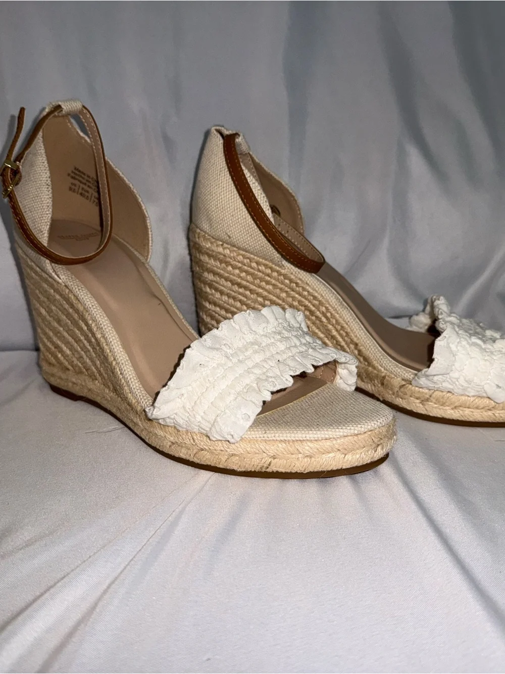 Draper James Cream Ruffle Espadrille Wedges with Tan Ankle Strap
